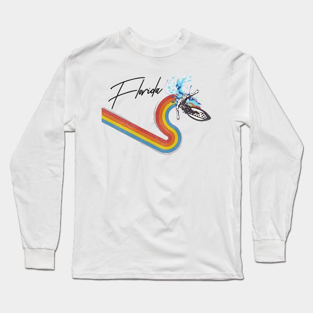 Retro 70s/80s Style Rainbow Surfing Wave Florida Long Sleeve T-Shirt by darklordpug